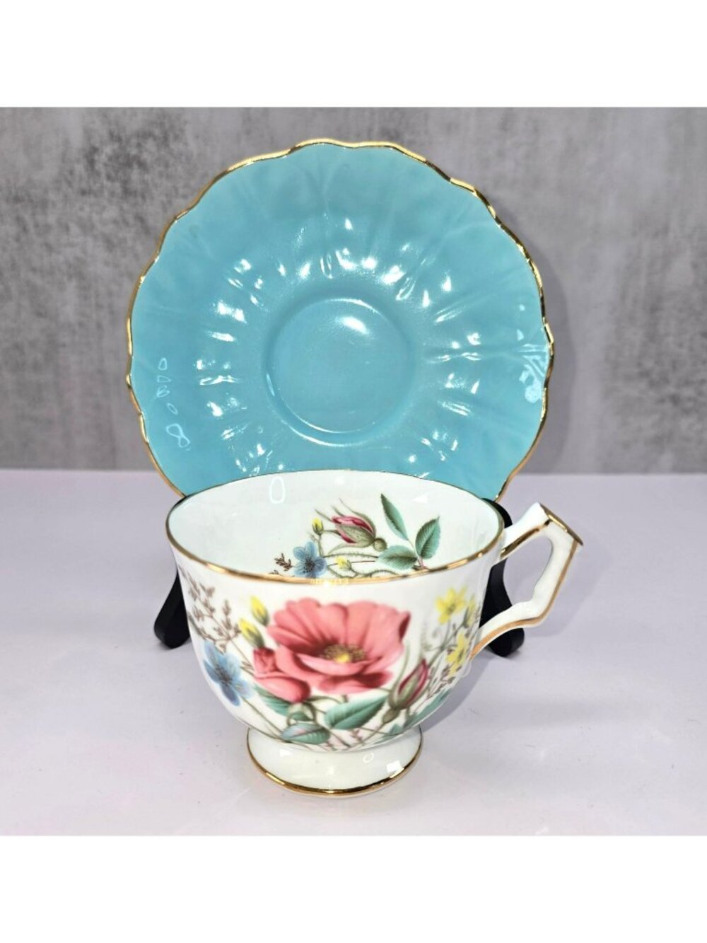 Aynsley Bone China Floral Tea Cup & Saucer Turquoise Blue Poppies England VL5141
